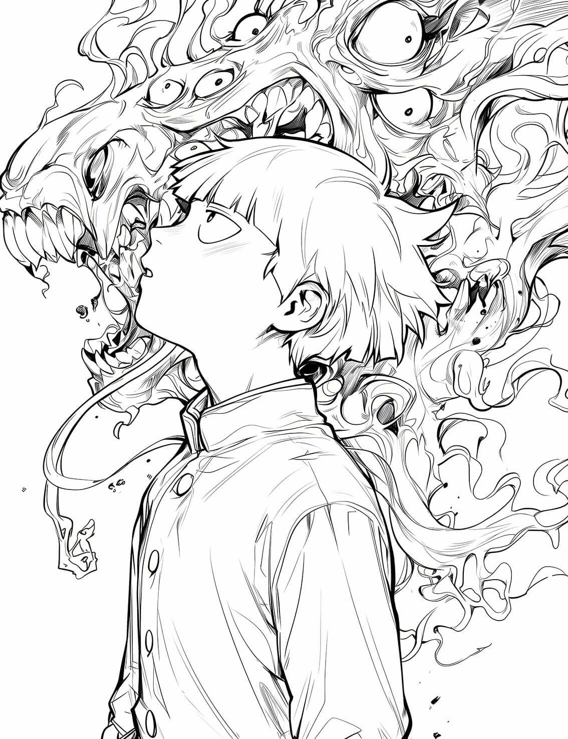 Mob Psycho 100 Coloring Page - Facing the Abyss Spirit Monster Art
