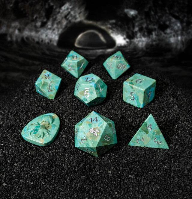 Kraken Dice - Reconstituted Green Turquoise Semi-Precious 8 pc Glass Dice Set -
