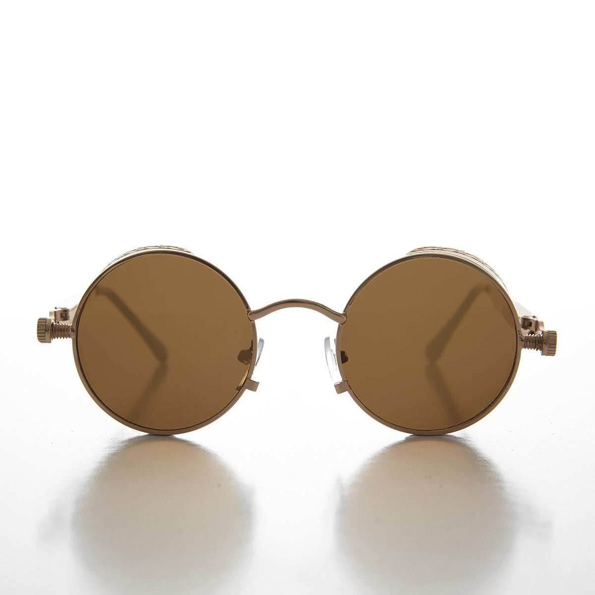 Gold Round Steampunk Goggle Sunglass with Spring Temples - Orwell 1 - Gold / Brown Lens