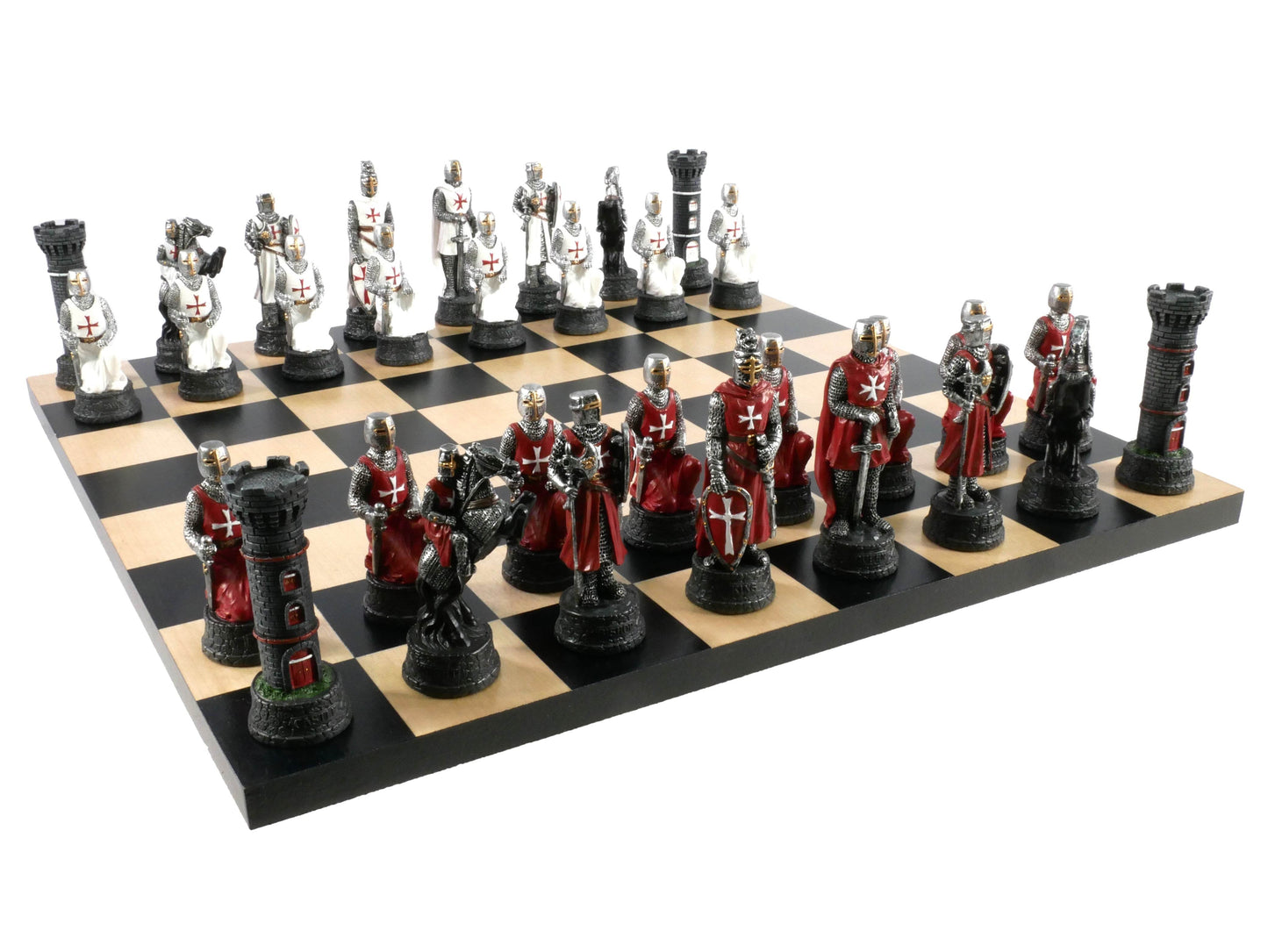 Chess Set - Crusades Resin Chessmen on Black/Maple Maple Chess Board -