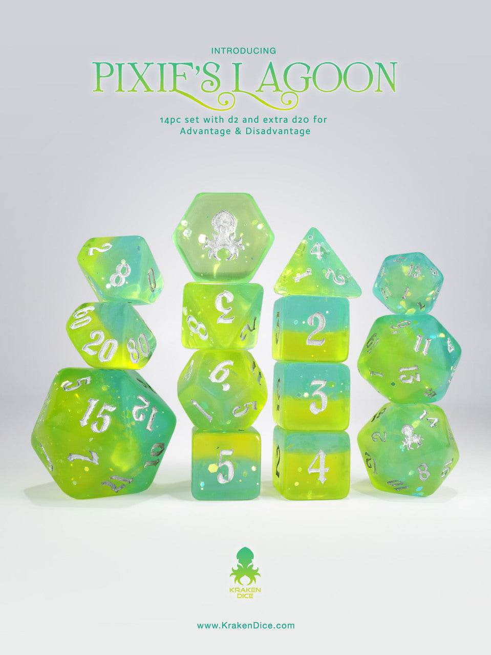 Pixie's Lagoon 14pc - Limited Run - Silver Ink Dice Set -