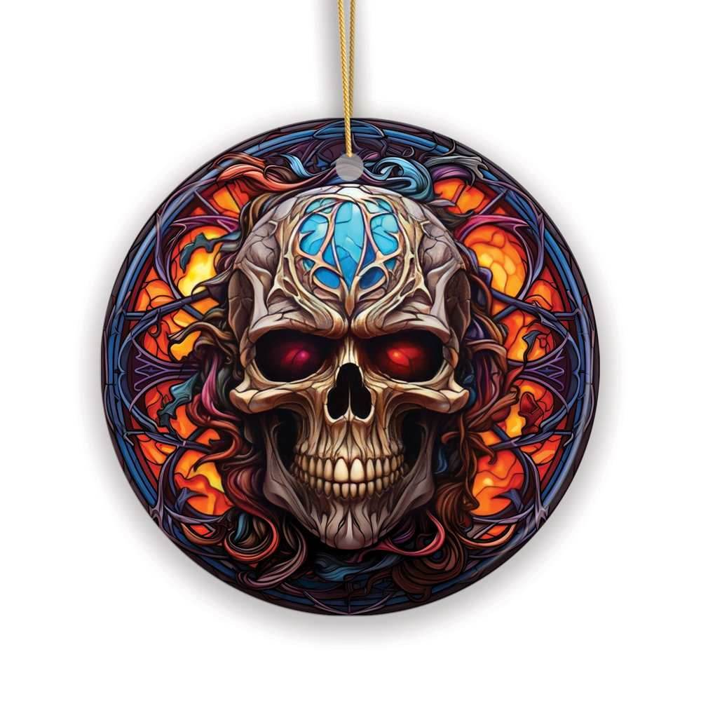 Phantom's Grin Sinister Skull Stained Glass Style Ceramic Ornament, Halloween Themed Christmas Gift and Decor - Circle