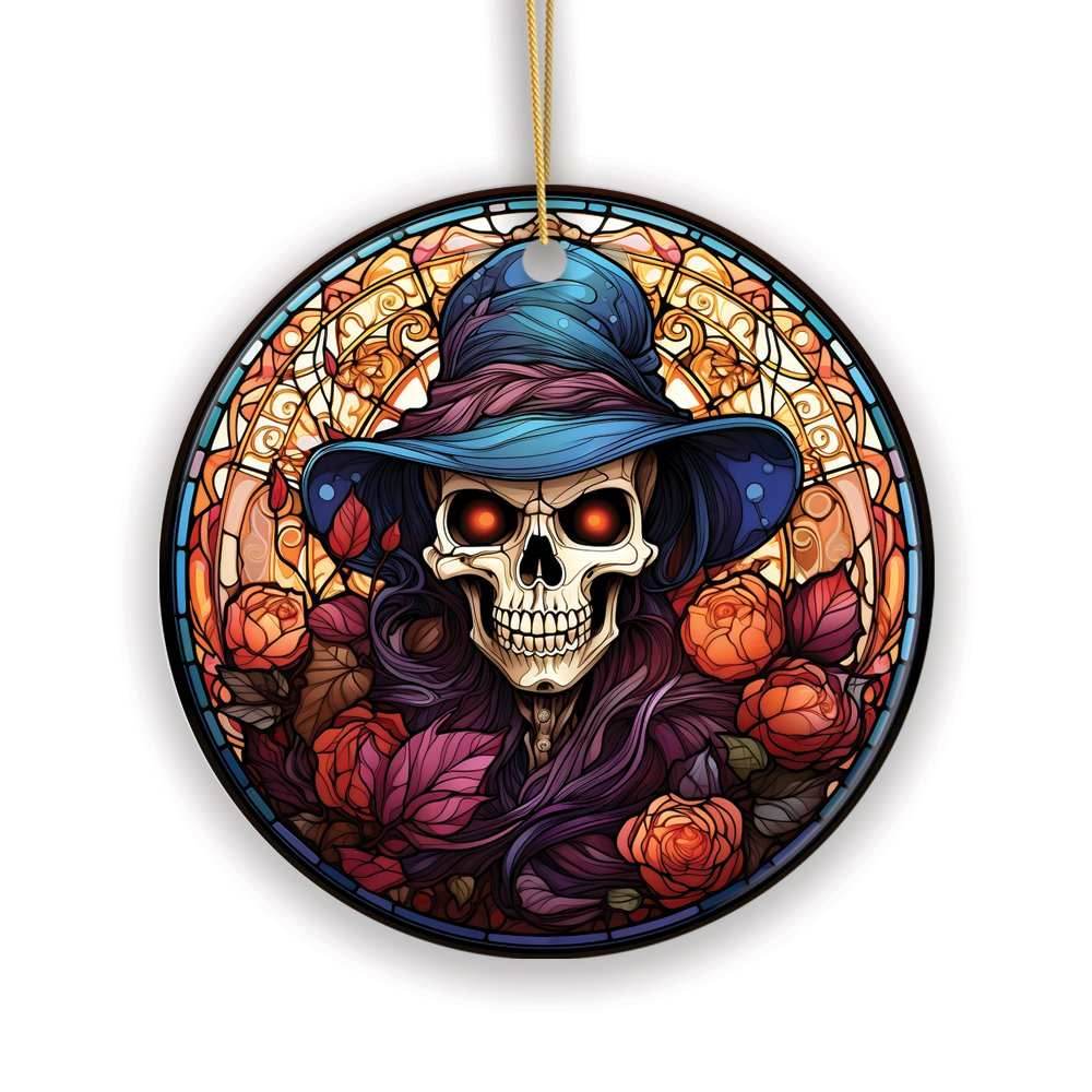 Elegant Skull with Blue Hat Stained Glass Style Ceramic Ornament, Halloween Themed Christmas Gift and Decor - Circle
