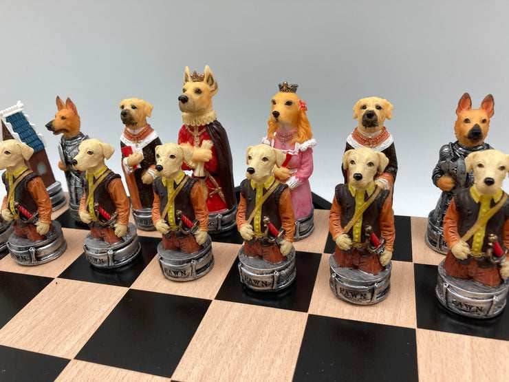 Chess Set - Cats & Dogs Resin Chessmen on Black/Maple Chest -