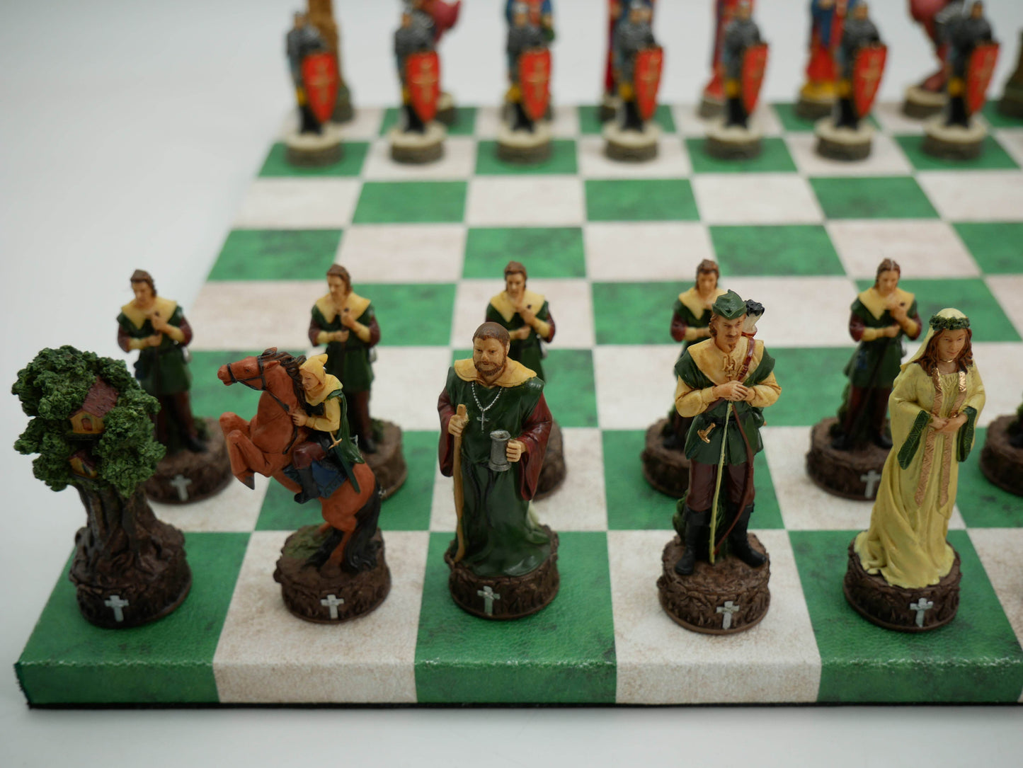 Chess Set - Robin Hood Chessmen on Green & Cream Faux Leatherette Chess Board -