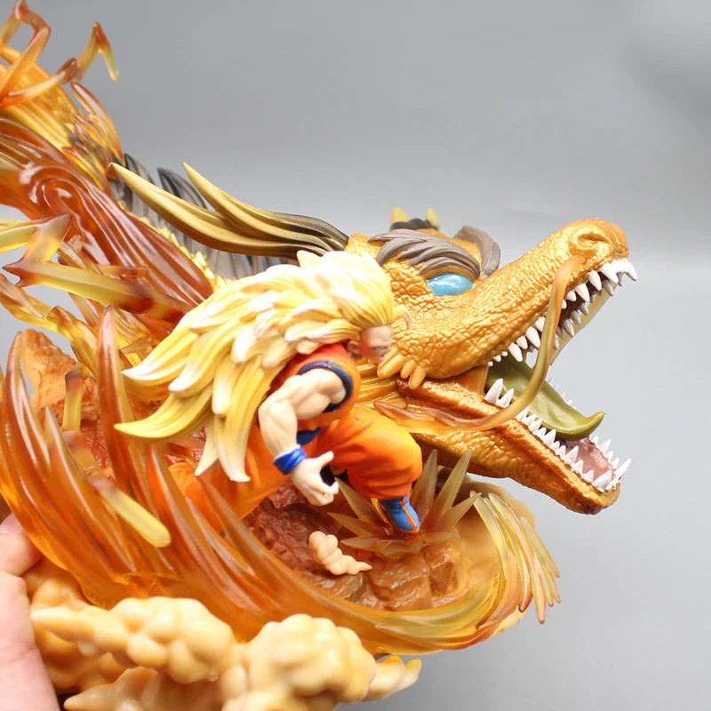 Super Saiyan 3 Goku and Golden Shenron Action Figure, Dragon Ball Z Anime Figurines Pvc 21.5 CM