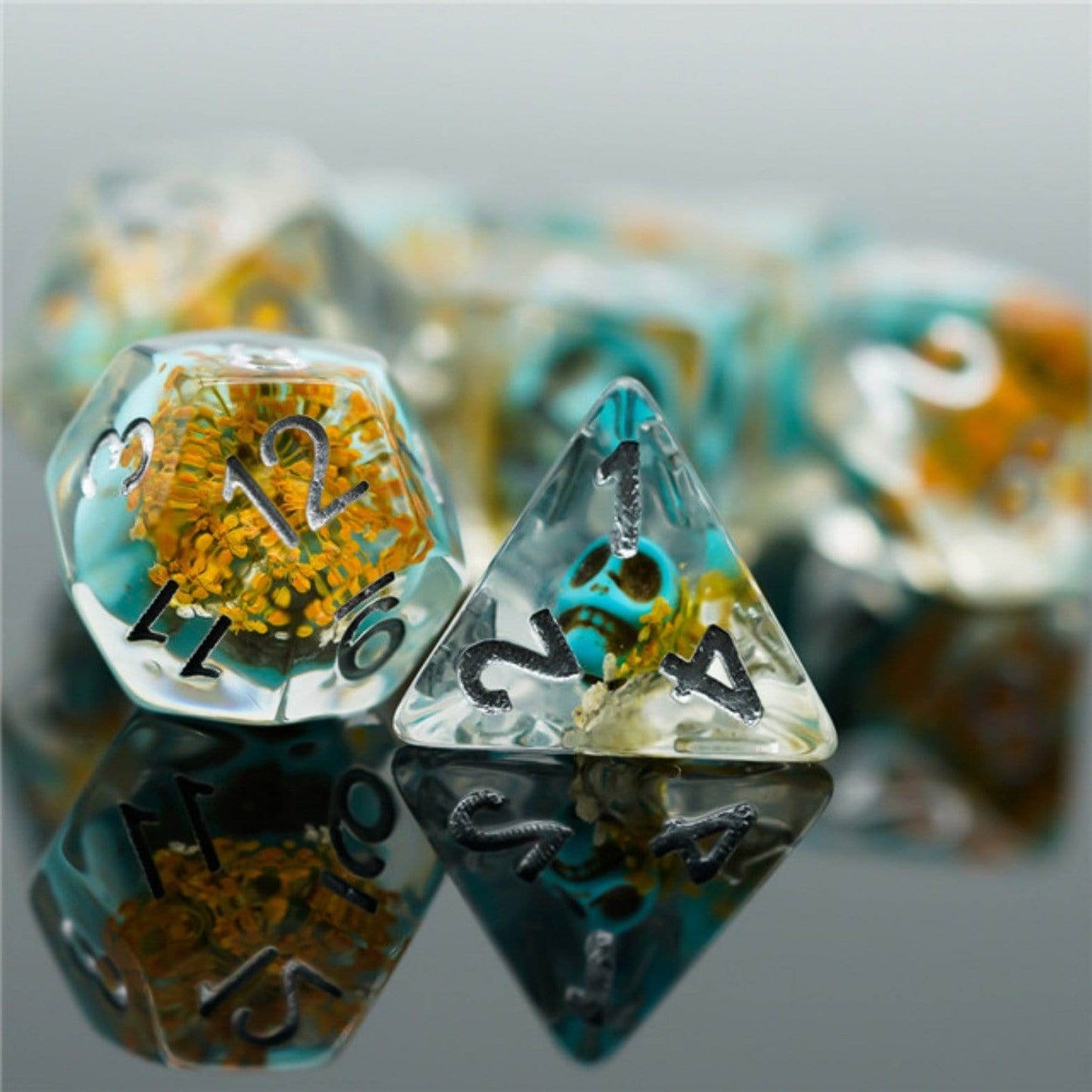 Yellow Flower with Blue Skull RPG Dice Set -