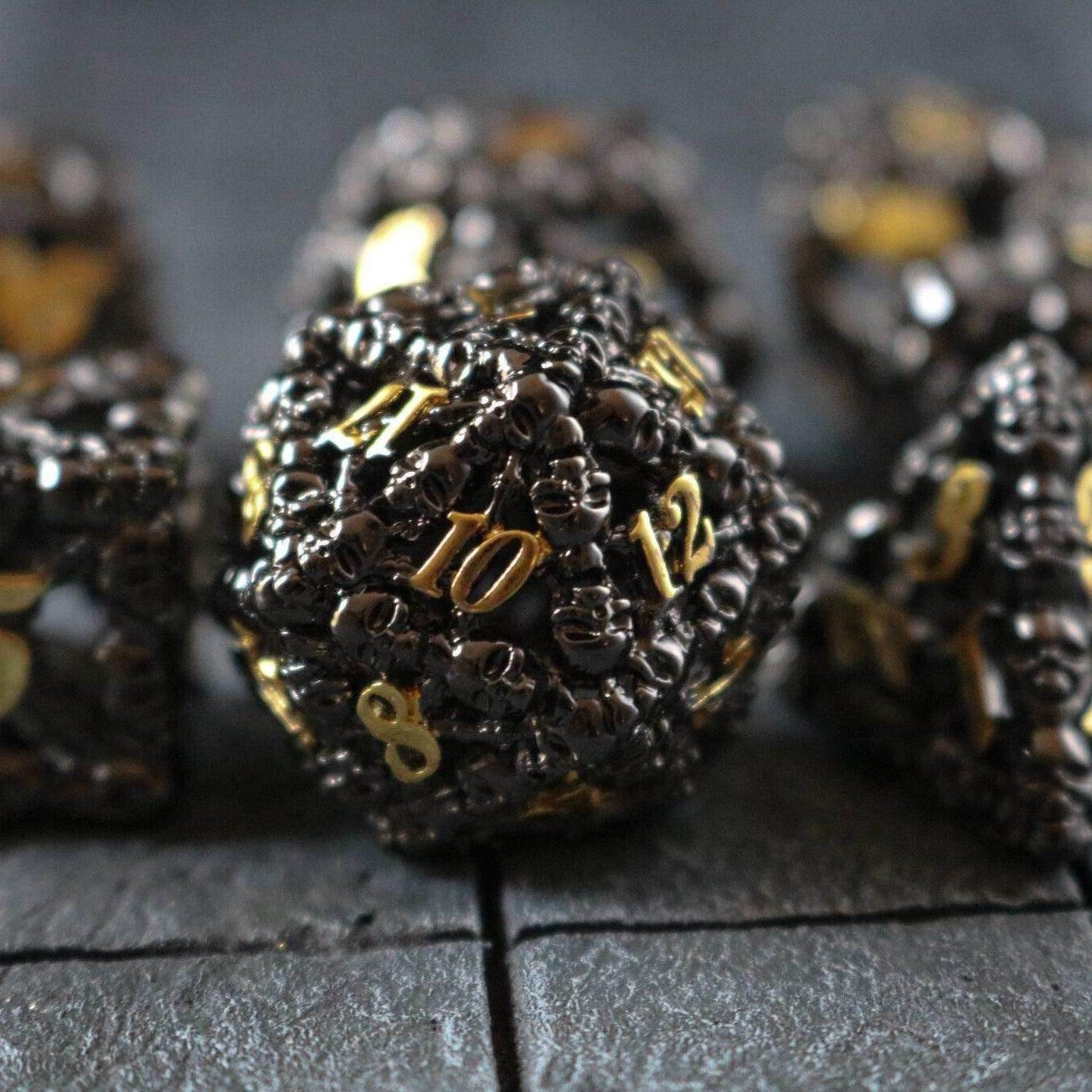Skulls Hollow Black/Gold Metal DND Dice Set - Full Set And Free Dice Box
