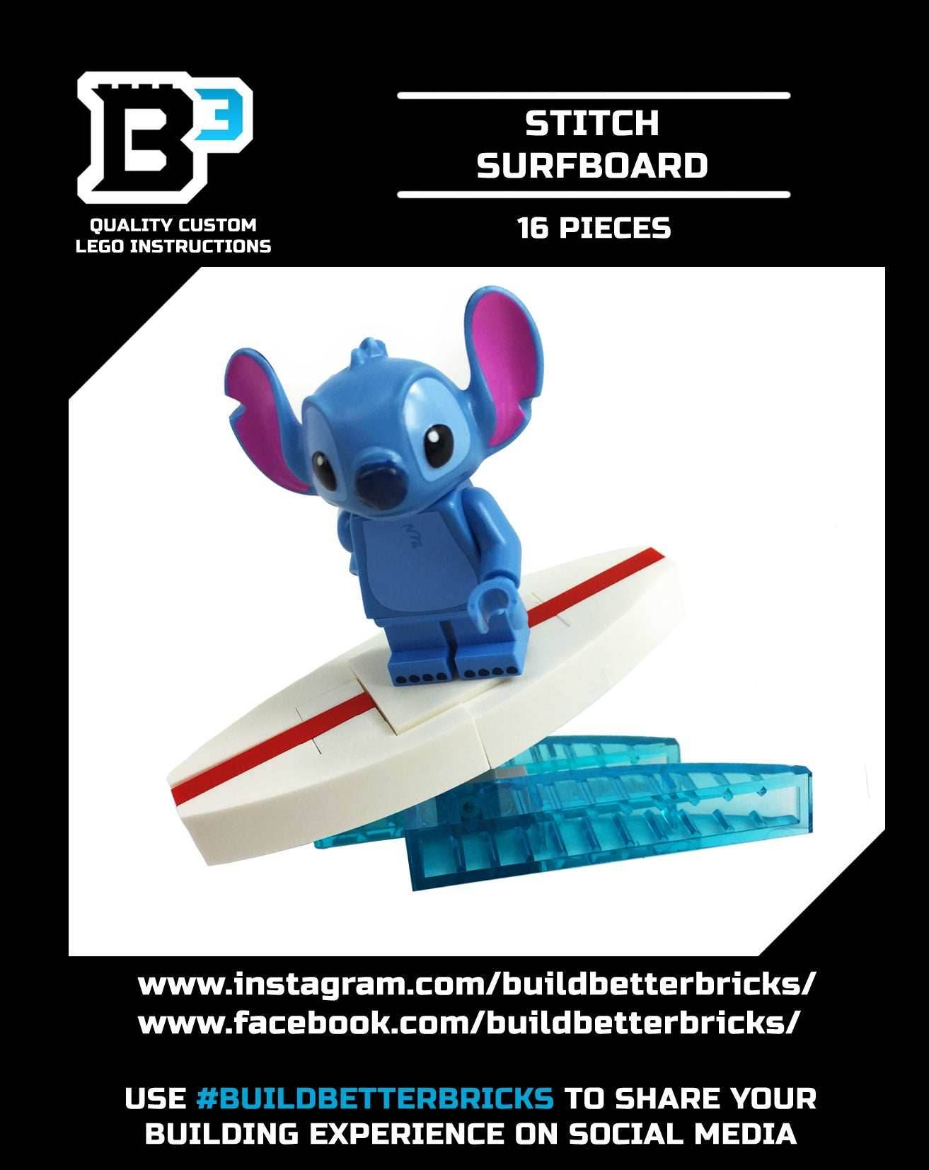 Surf's Up! Stitch LEGO Minifigue with custom Surfboard -