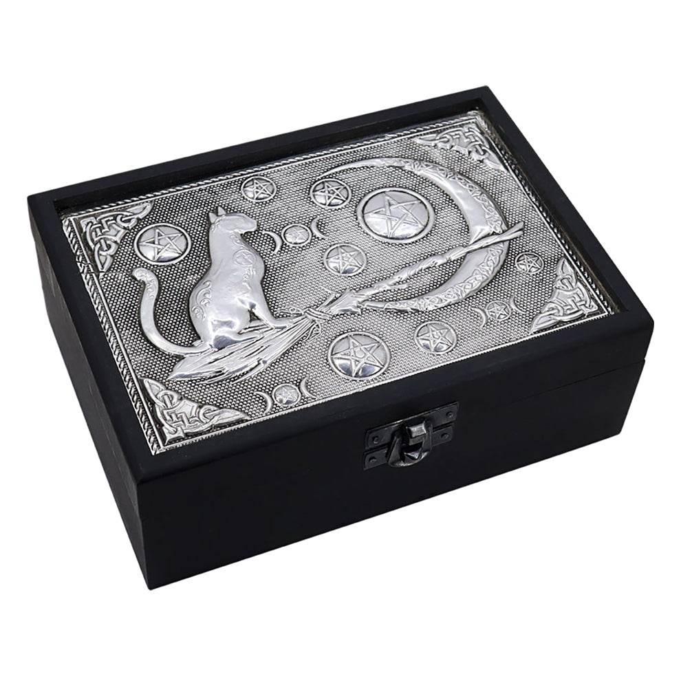 Velvet Lined Metal Top Wooden Box - Crescent Moon w/Cat & Broom -