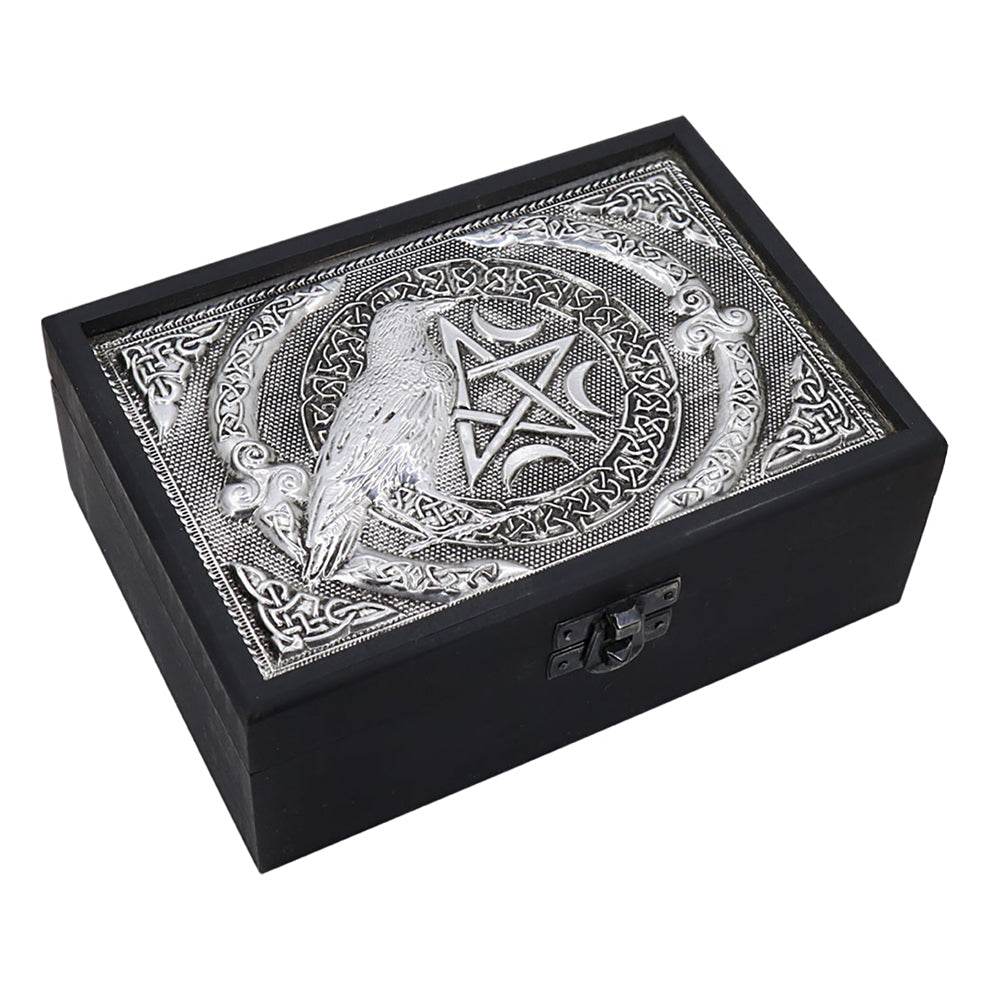 Velvet Lined Metal Top Wooden Box - Raven w/ Pentacle -