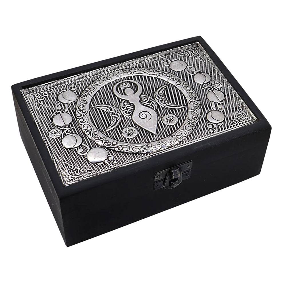 Velvet Lined Metal Top Wooden Box - Triple Moon Goddess -