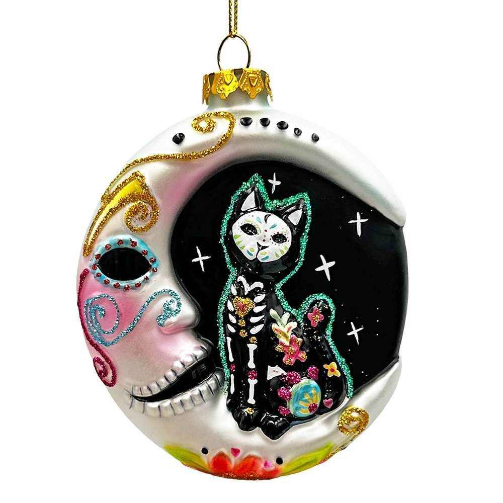 Folkloric Siamese Cat Sugar Skull Glass Ornament, Celestial Crescent Moon Halloween Decor -