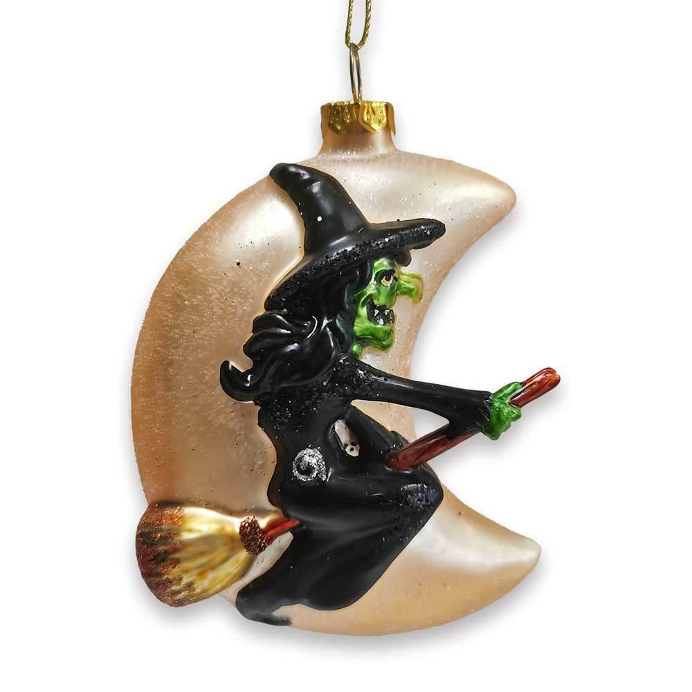 Wicked Witch and Crescent Moon Glass Christmas Ornament, Spooky Halloween Gift -