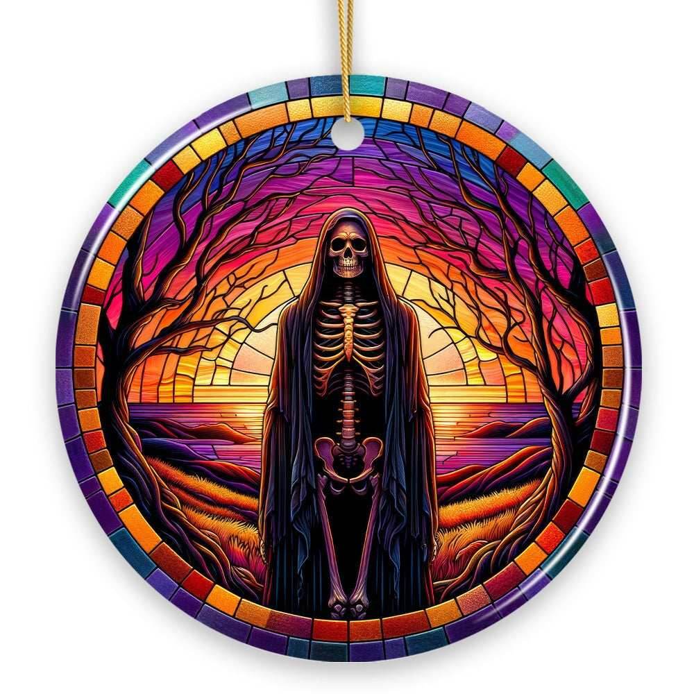 Bony Fright Halloween Skeleton Decor Stained Glass Style Ceramic Ornament, Halloween Themed Christmas Gift and Decor - Circle