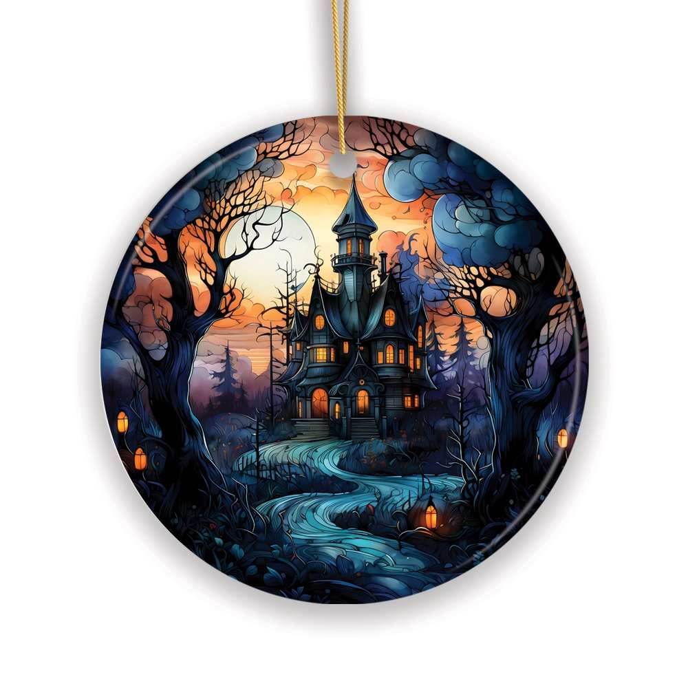 Dark and Gloomy Haunted House Stained Glass Style Ceramic Ornament, Halloween Themed Christmas Gift and Decor - Circle