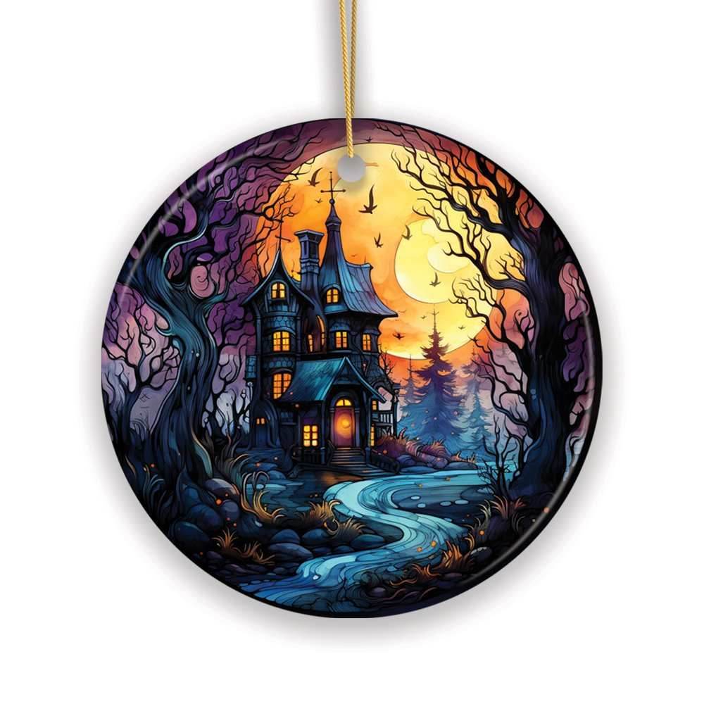 Eerie Abode Amidst Spooky Trees Stained Glass Style Ceramic Ornament, Halloween Themed Christmas Gift and Decor - Circle