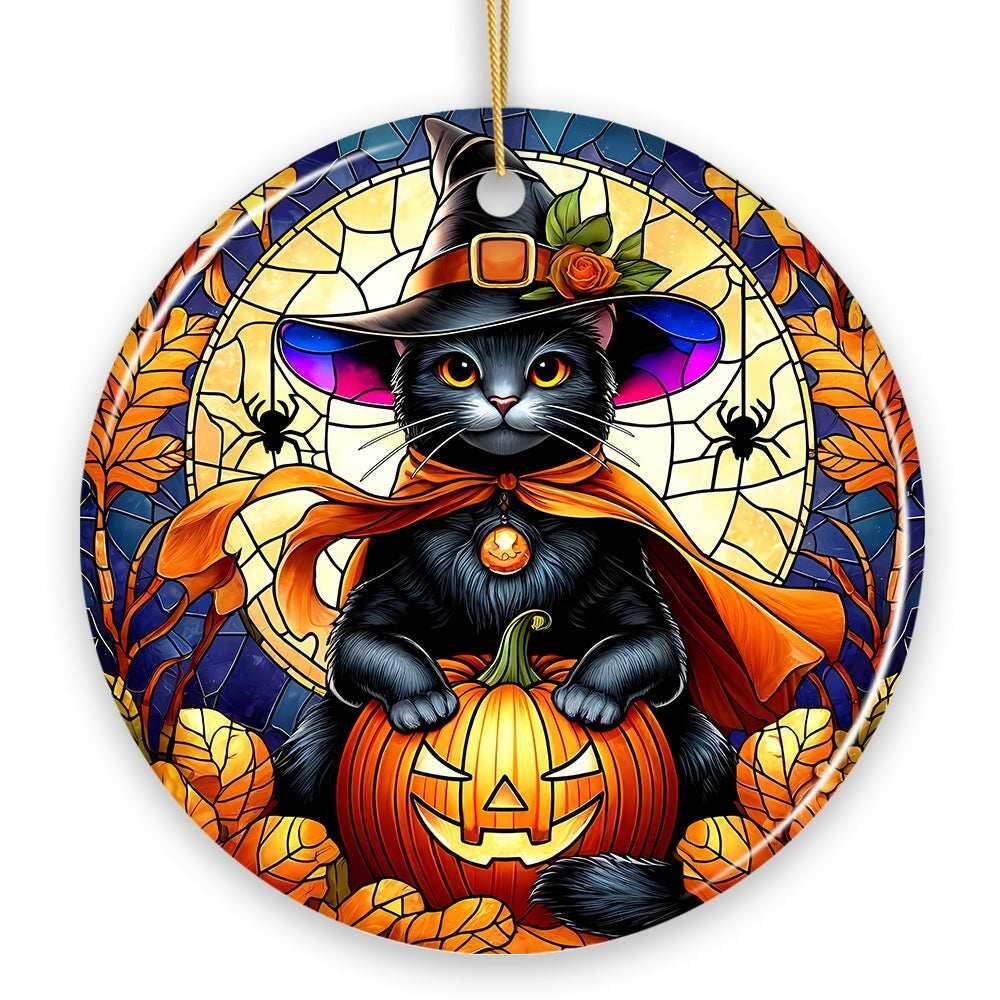 Enchanted Cat Witch Stained Glass Style Ceramic Ornament, Halloween Themed Christmas Gift and Decor - Circle / Black Cat Version