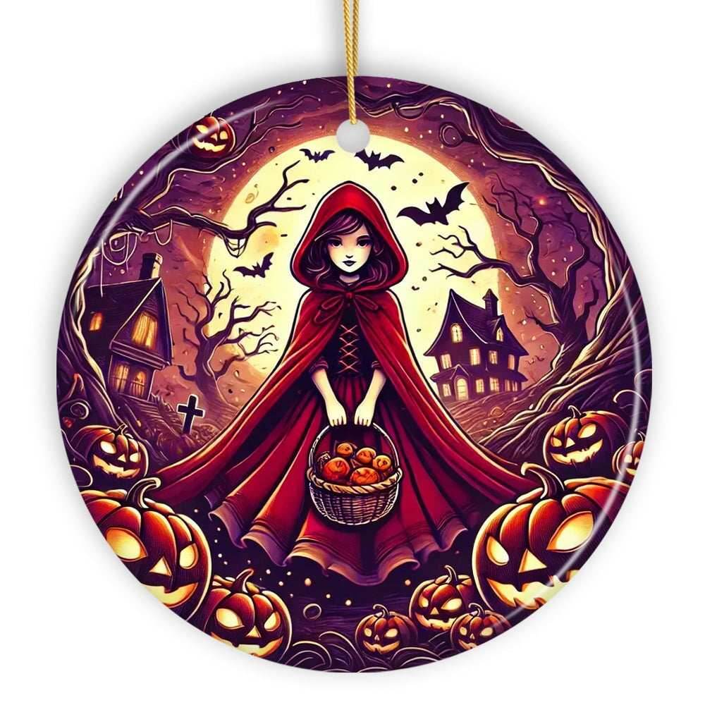 Mysterious Red Riding Hood in the Woods Ornament, Spooky Halloween Tree Decor - Circle / Version 1