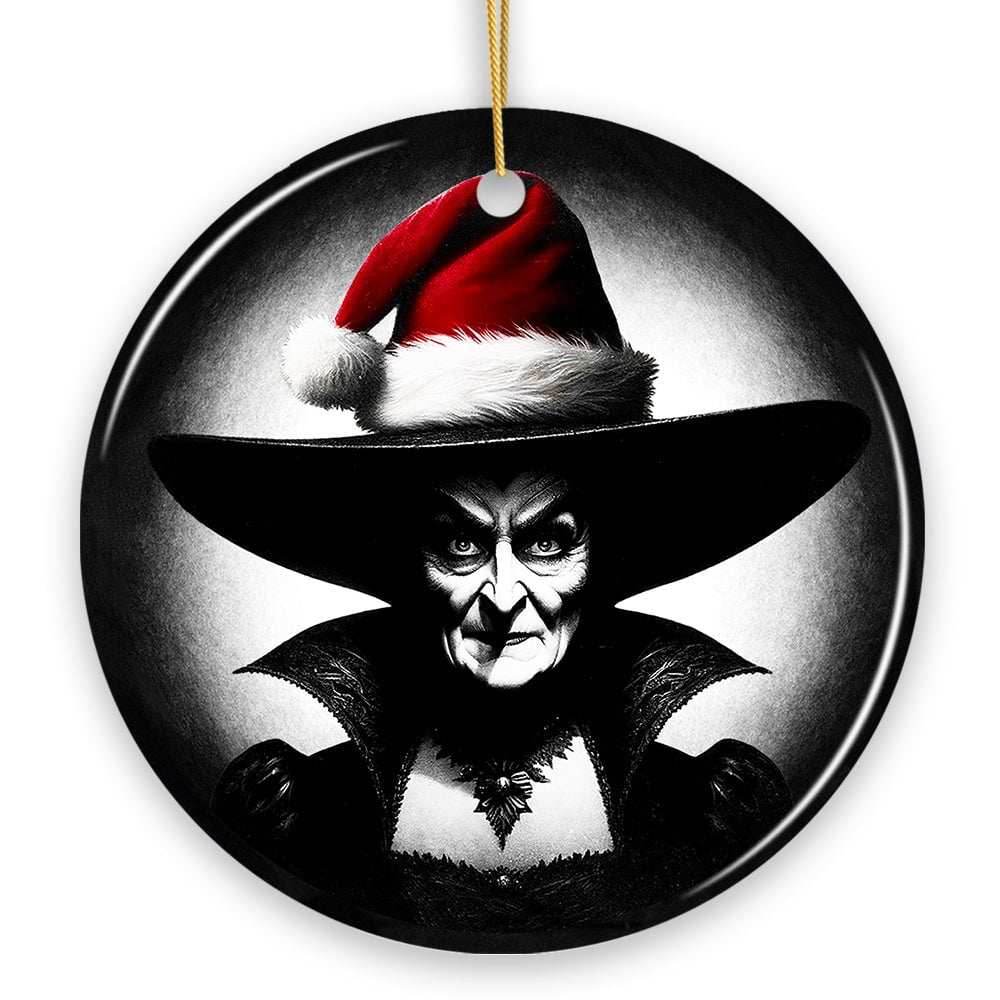 Spooky Witch with Santa Hat Ceramic Ornament, Halloween Themed Christmas Gift and Decor - Circle