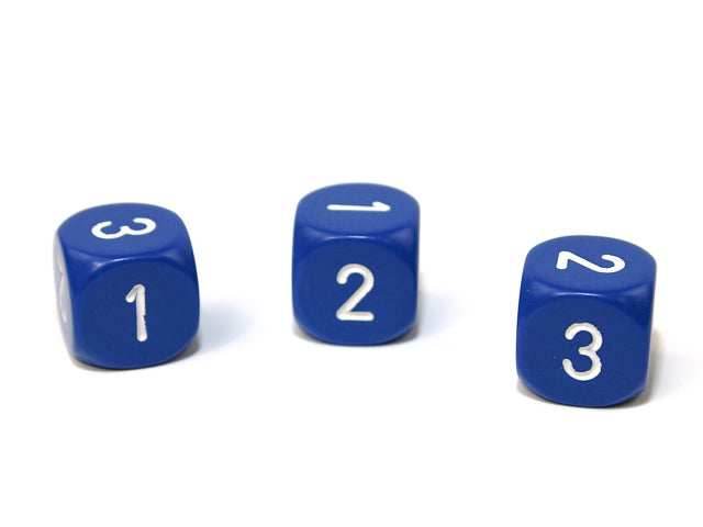 Opaque 16mm d3 (d6 w/ 1-2-3 twice) Blue/white (SOLD PER PIECE) -
