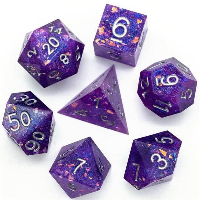 Purple Glitter Sharp Edge DND Dice Set | Gold Flake w/Silver Numbers -
