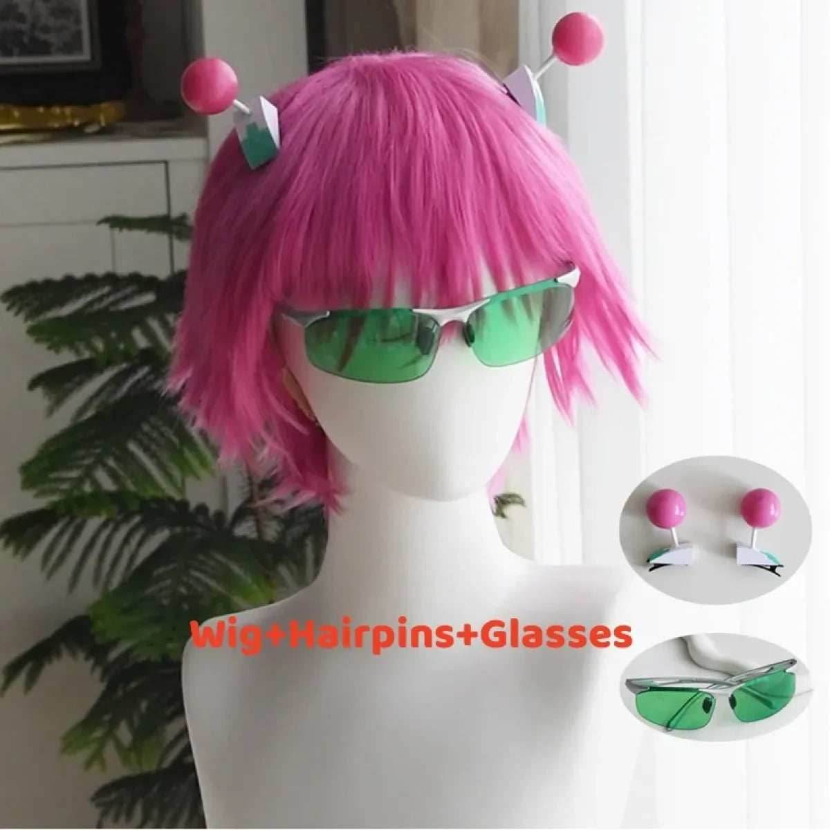Saiki Kusuo Cosplay Wig – Pink Wig with Hairpins & Green Glasses Set - Wig Hairpins Glasses / One Size