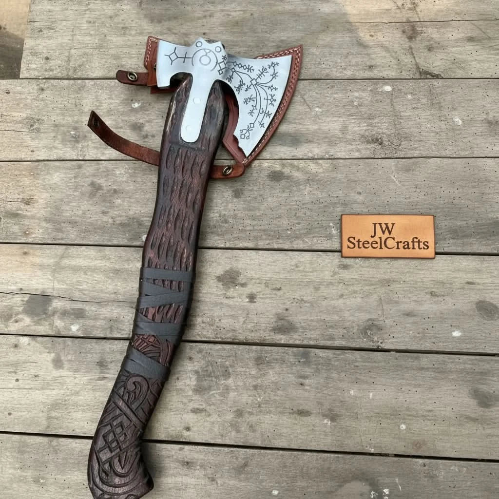 Hand Engraved Viking Double-Bit Axe with Carved Hardwood Handle and Norse Rune Detailing | Handmade Damascus Steel Collector Axe | JW SteelCrafts