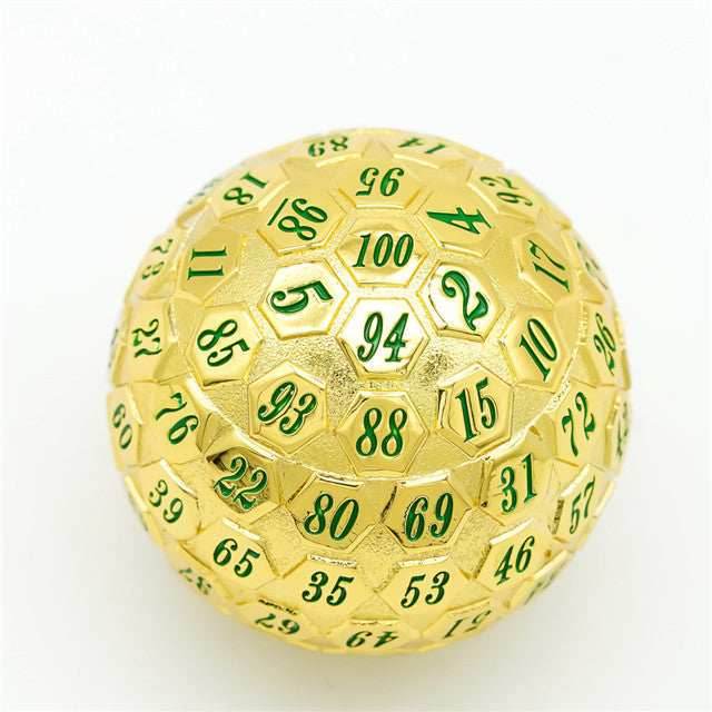 Golden Metal d100 w/ Green Numbers Dungeons and Dragons RPG -