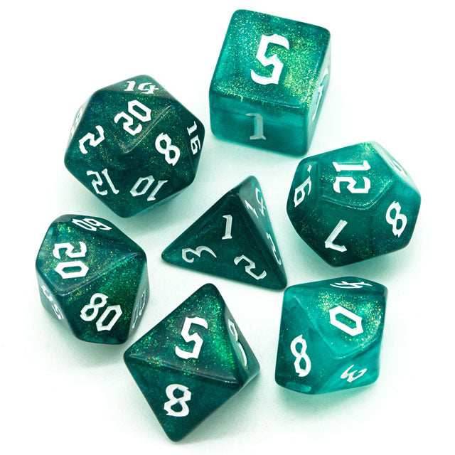 Blue-Green Glitter Party Dice (White font) 7-Dice Set RPG DND -