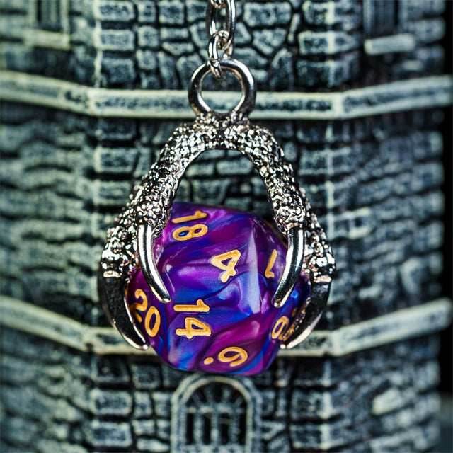 Claw Blended Purple D20 Keychain Featuring Silver Metal Dragon Claw + d20 -