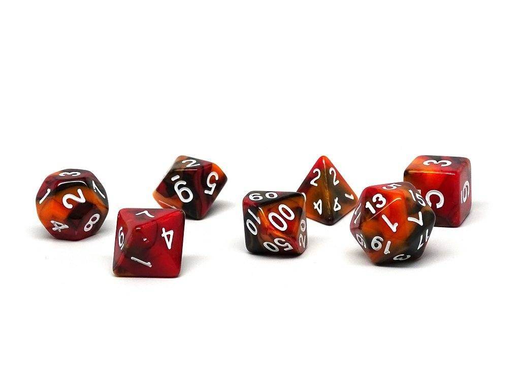 Black, Orange, and Red Marble Dice Collection - 7 Piece Set -