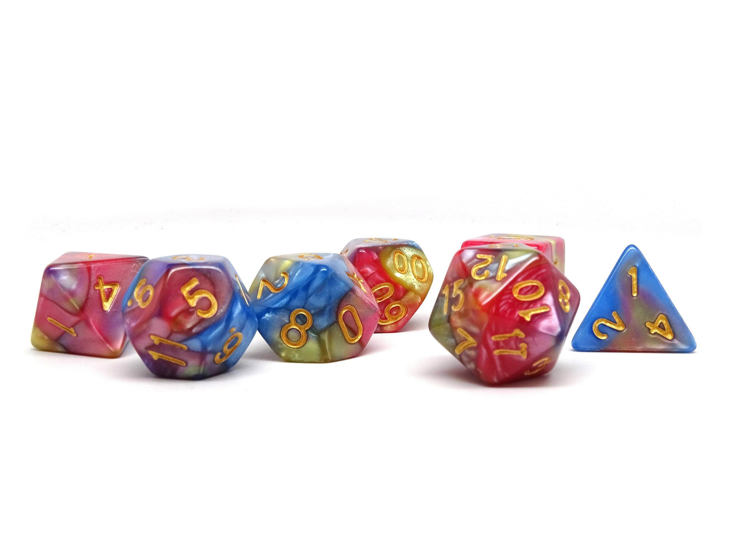 Blue, Pink, and Yellow Marble Dice Collection - 7 Piece Set -
