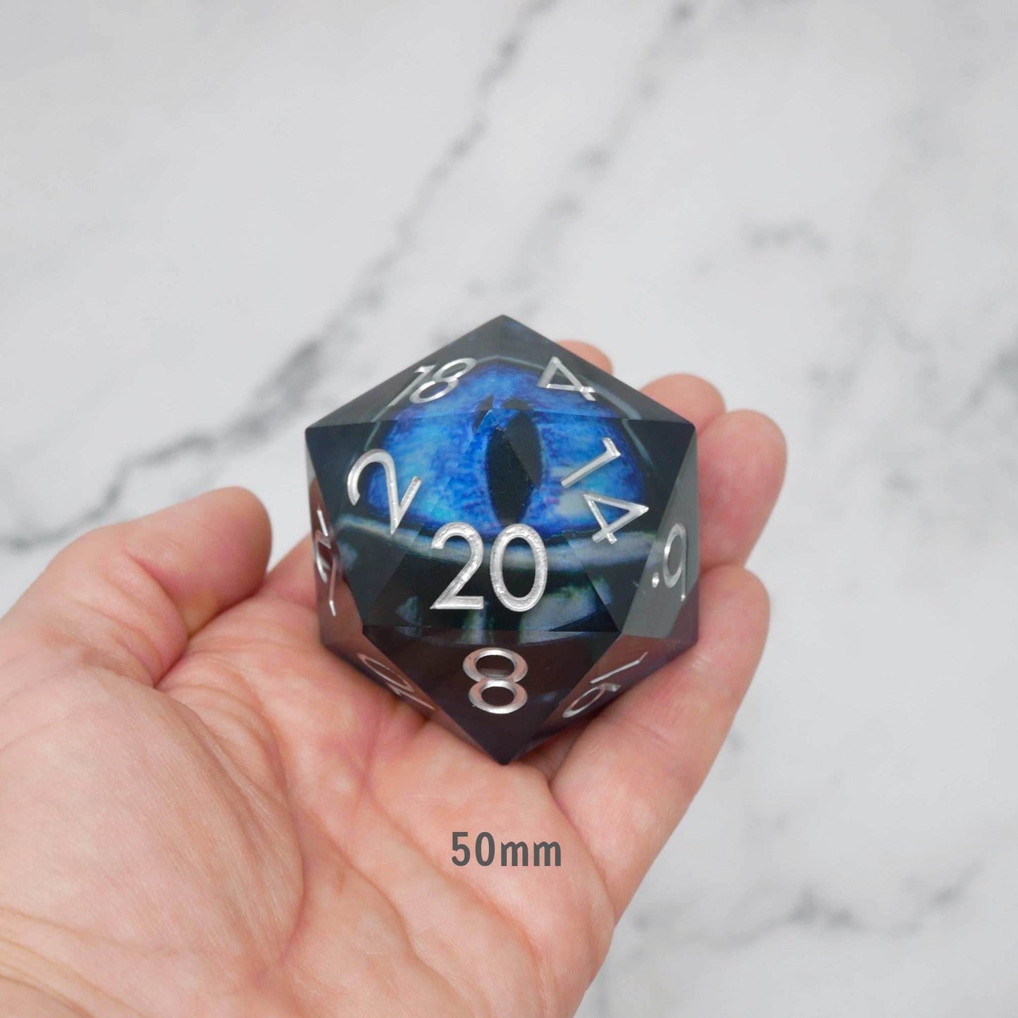 Blue Slaadi's Eye - Giant D20 Moving Eye DnD Dice | Acrylic RPG Gaming Dice - Superchonk 50mm