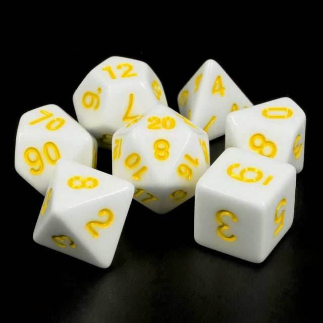 White Opaque with Yellow Numbering 7-Dice Set RPG -
