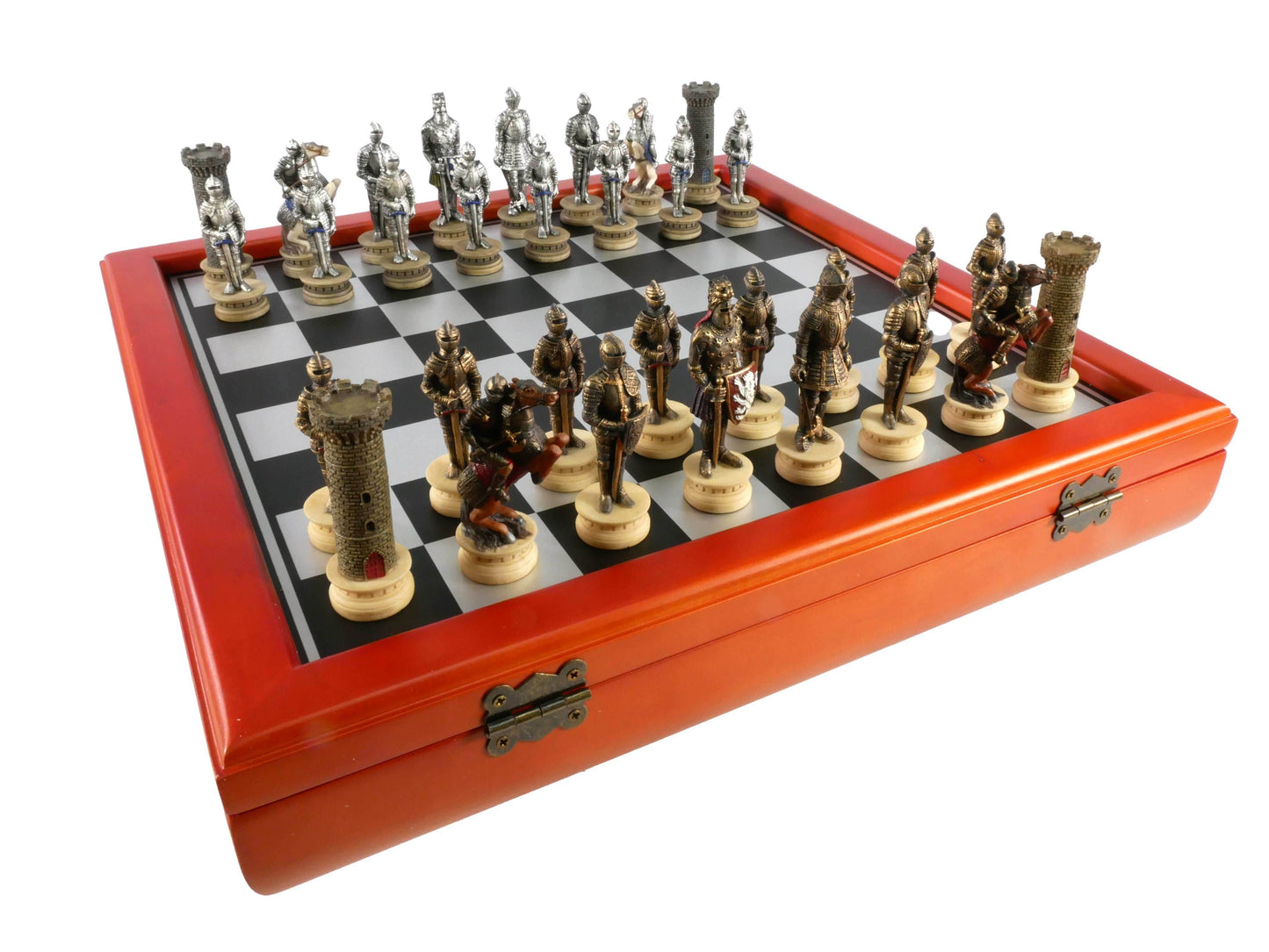 Chess Set - Armored Knights Chess Pieces on Cherry Chest -
