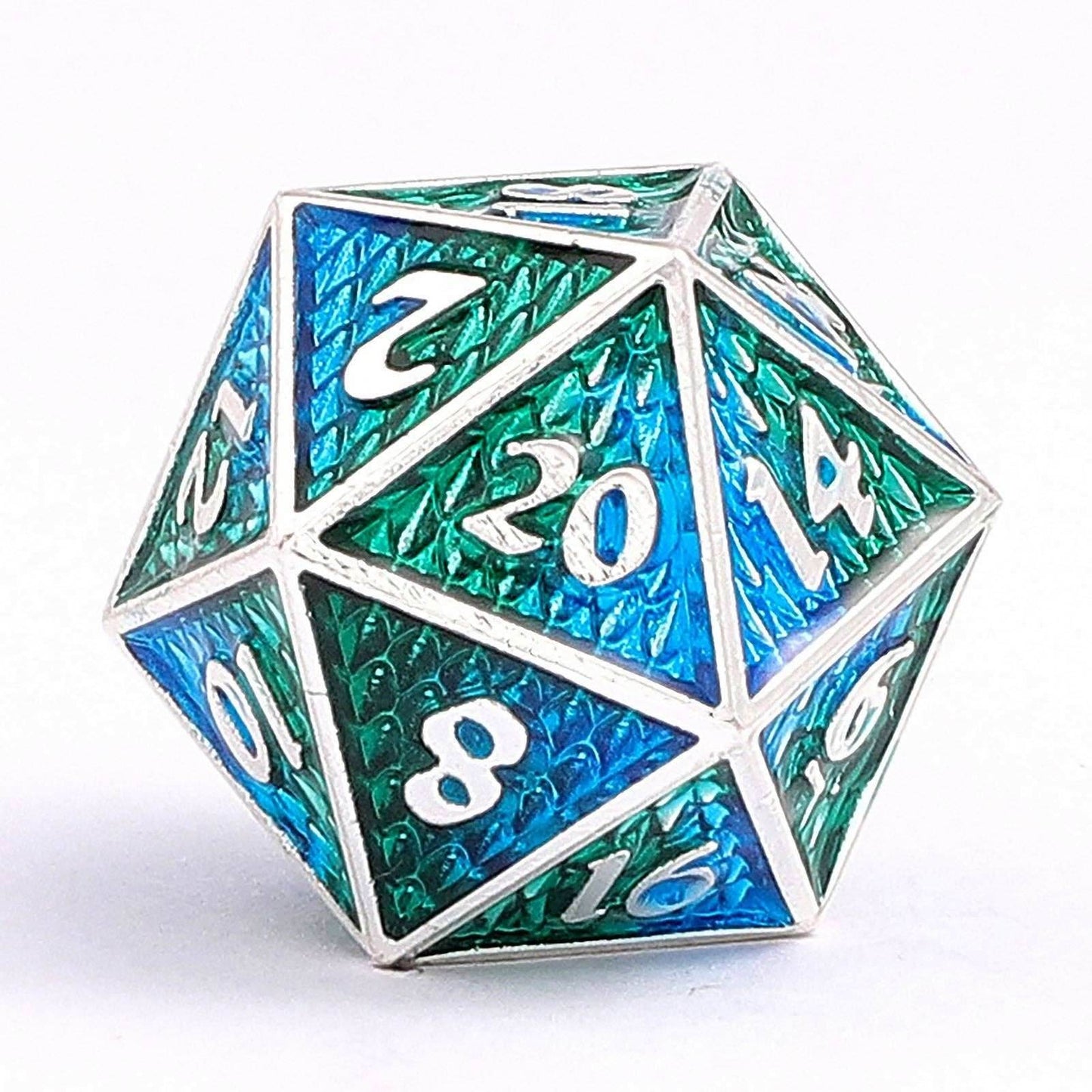 Solid Metal Mini Behemoth Dice set - Silver with Green Blue -