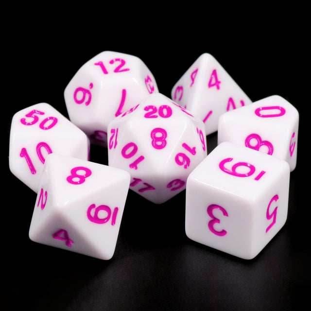 White Opaque with Purple/Pink Numbering 7-Dice Set RPG -