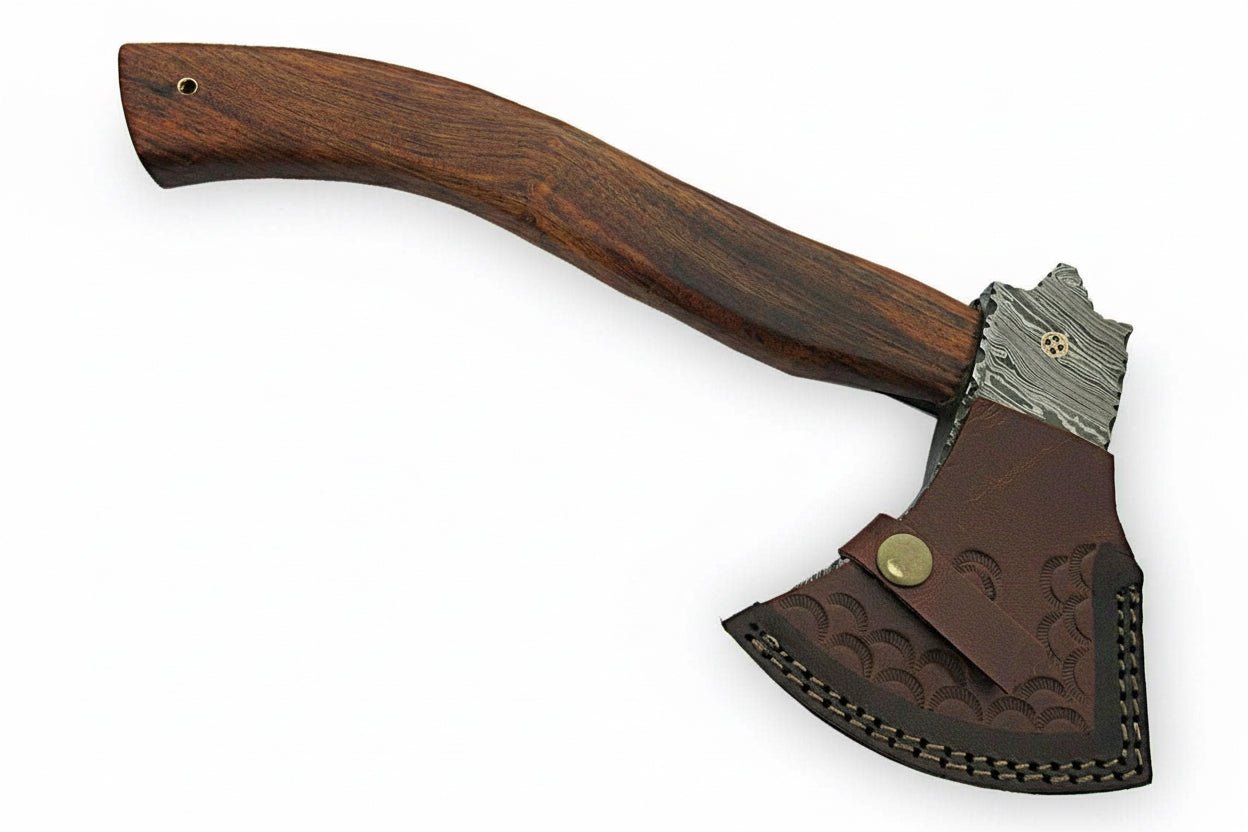 Damascus Camp Axe with Mosaic Pin, Leather Sheath, 19 Inch Rosewood Handle