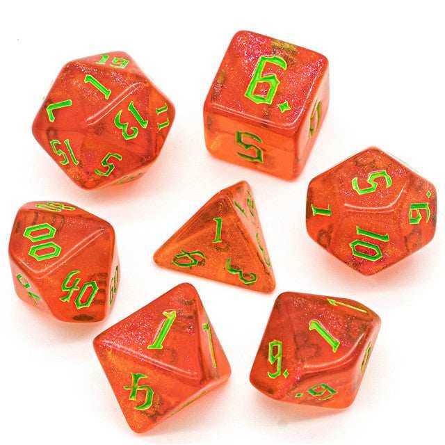 Strawberry Red Glitter Party Glitter Dice (Green font) 7-Dice Set RPG DND -