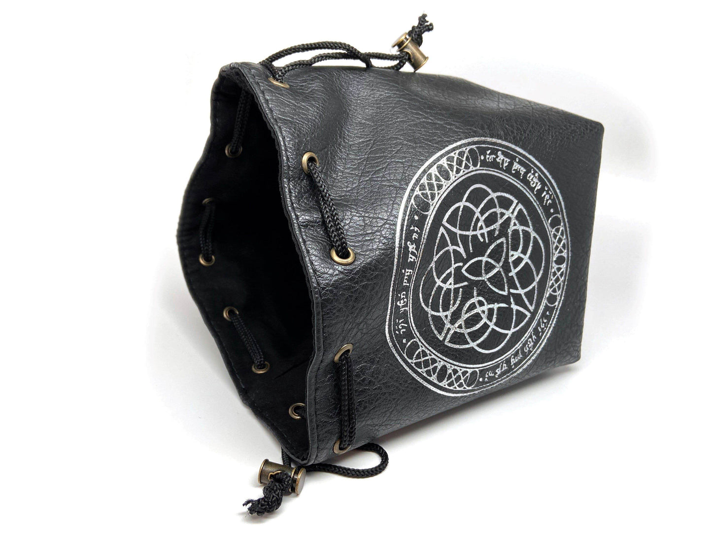 Black Leather Lite Elven Runes Design Self-Standing Large Dice Bag -