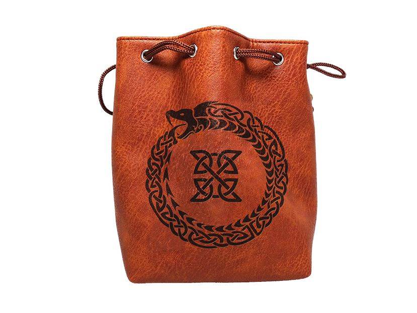 Brown Leather Lite Ouroboros Design Self-Standing Large Dice Bag -