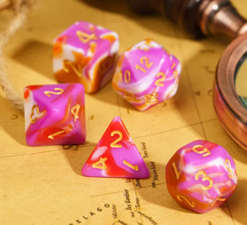 Pink/Red/White\Orange Blend Dice 7-Dice Set w/Gold Dnd Dice Acrylic