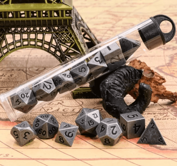 Basic Silver Mini Metal Dice Ancient Effect | (10mm to 15mm) 7-Dice Udixi RPG -