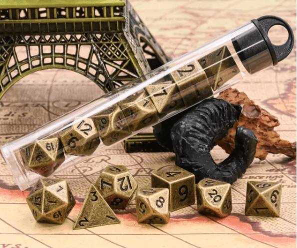 Basic Gold Mini Metal Dice Ancient Effect | (10mm to 15mm) 7-Dice Udixi RPG -