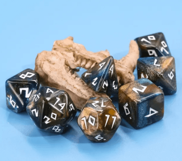 Night Walker Dice 7-Dice Set | Blue and Bronze Glitter Primitive Font -
