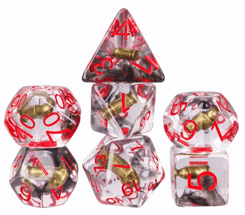 Bullet Swirl Dice Set - 7-Piece Clear & Gold Gunslinger Set with Red Numbers for DnD 5E -