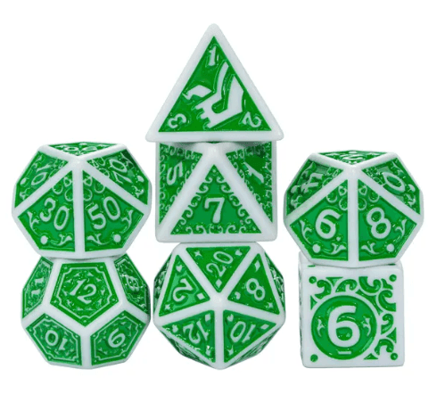 White with Green Irregular Pattern Fill: 7-Piece Acrylic Dice Set for D&D and RPG -