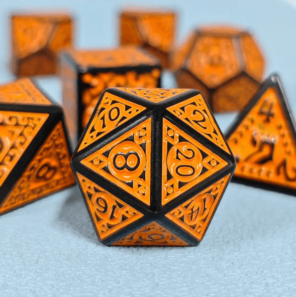 Black with Orange Ink Irregular Pattern Fill | 7-Dice Acrylic Dice Set -