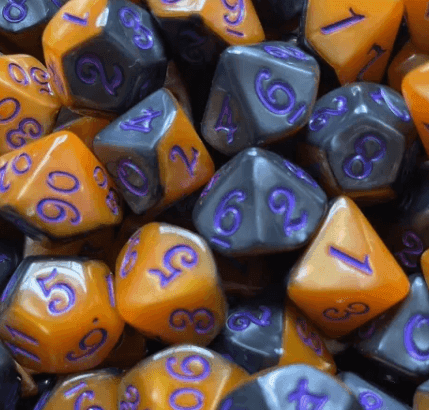 Half-Half Dice Orange & Black 7-Dice Set DND RPG Dice Purple Ink Halloween -